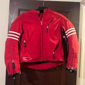 Red POWERTRIP Motorcycle Jacket with White Stripes